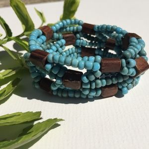 Boho Chic Turquoise Blue Wood Bead Bracelet